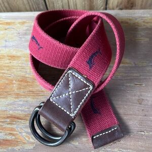 Vintage J. Crew Red Cotton D Ring Belt Blue Marlin Pattern Brown Leather Ends